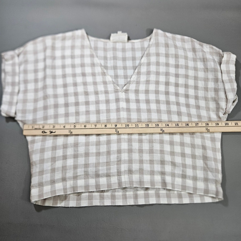 Lou & Grey Beige White Gingham 100% Linen V-Neck Boxy Cuffed Sleeve Top XXS - Picture 7 of 7